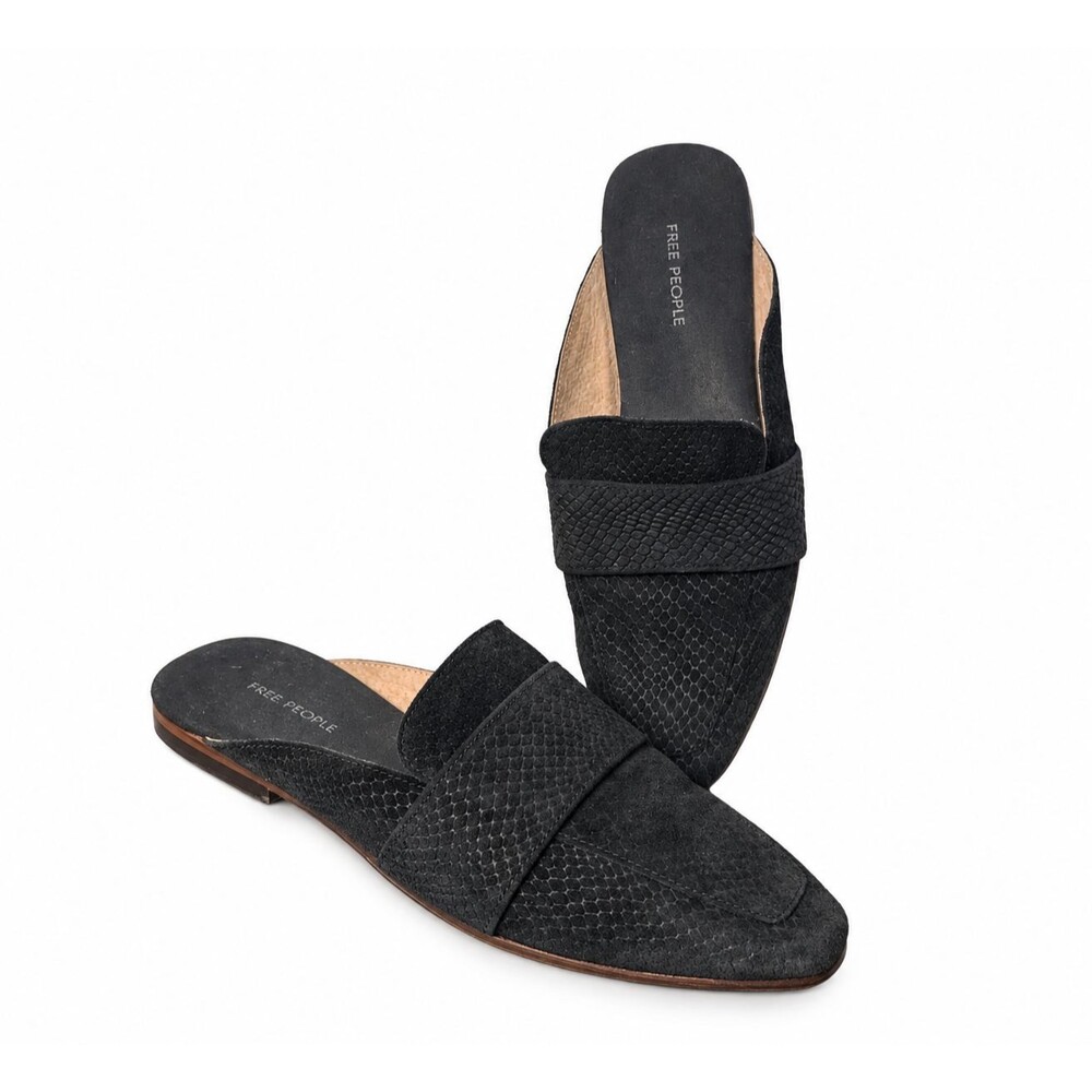Free People Black Suede Loafer Mules Women 8 Snake Print Slip On Flats Spain